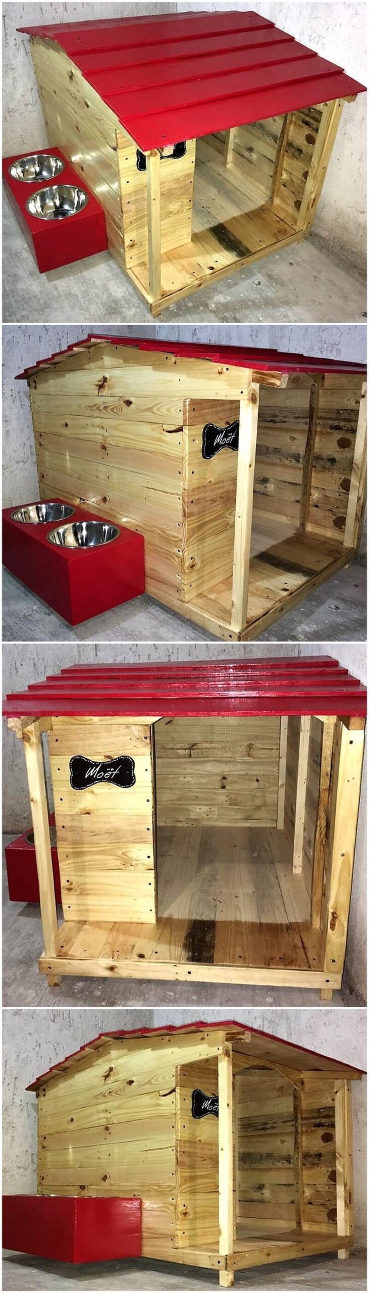 pallets dog hosue with food bowls