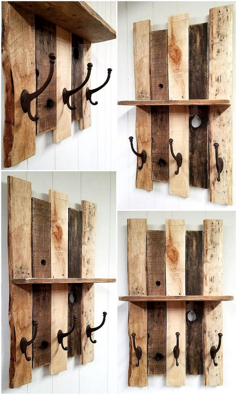 pallet shelf with Vintage style cast iron coat hooks