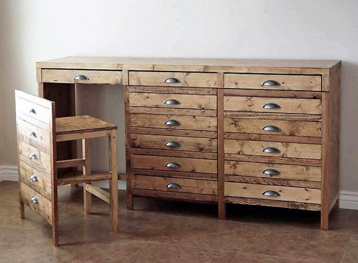 pallet entryway table with drawers and attached chair