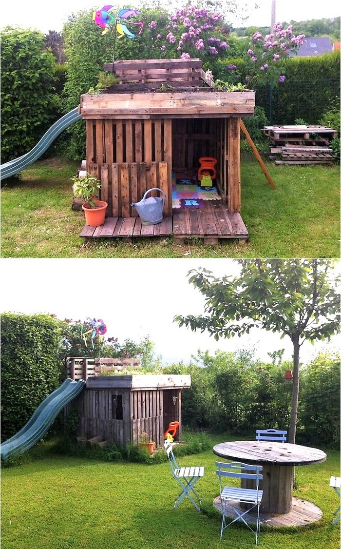 pallets made kids garden playhouse