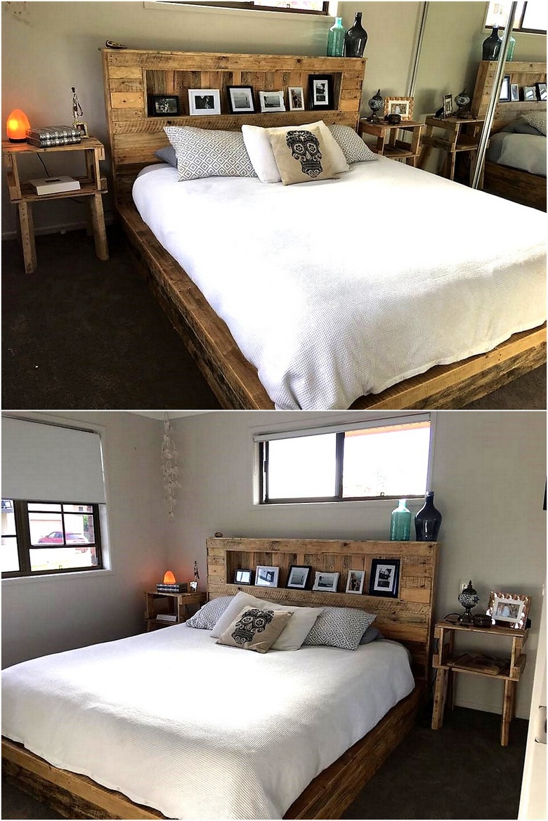 repurposed pallet bed with headboard and side tables