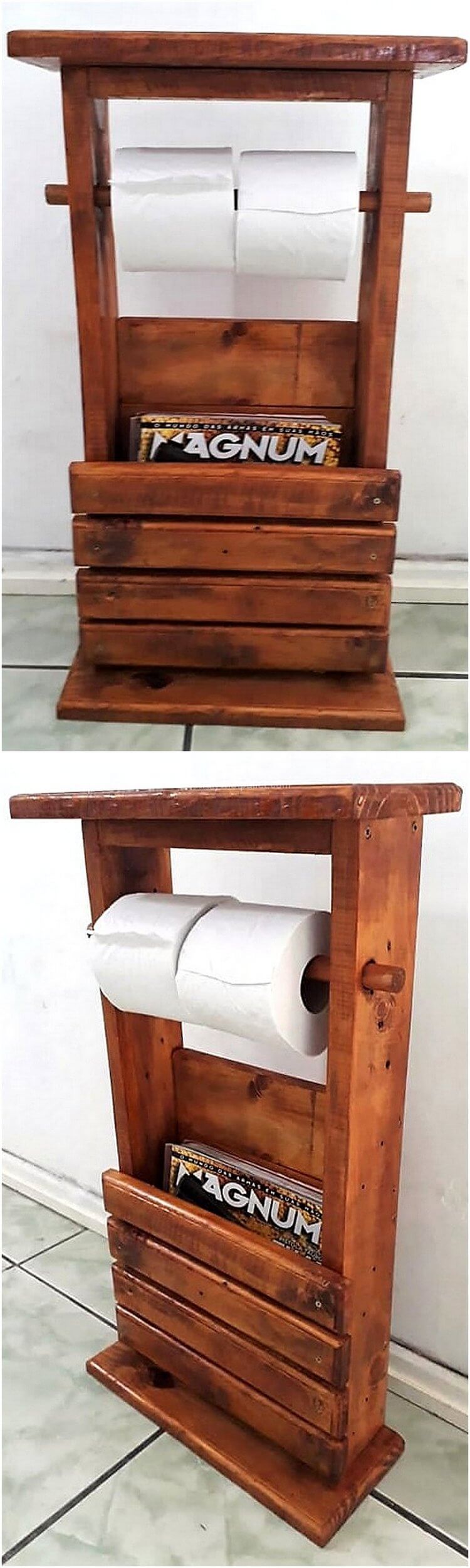 pallet toilet paper holder with magazine shelf