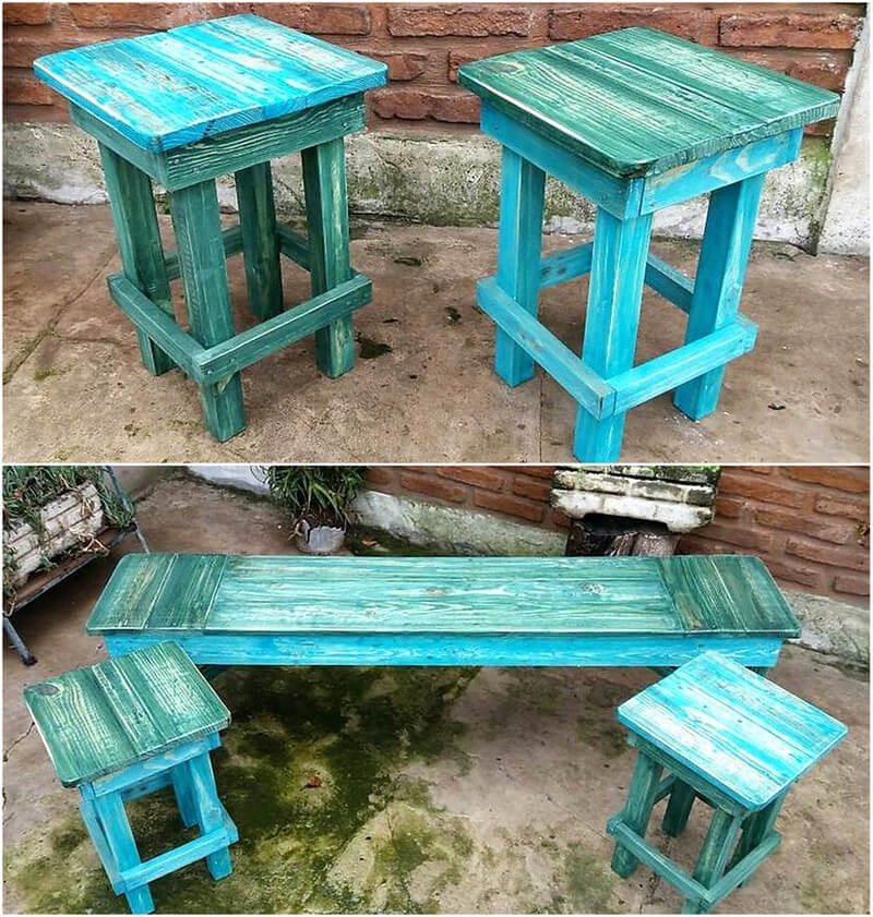 repurposed pallets vintage stools and bench