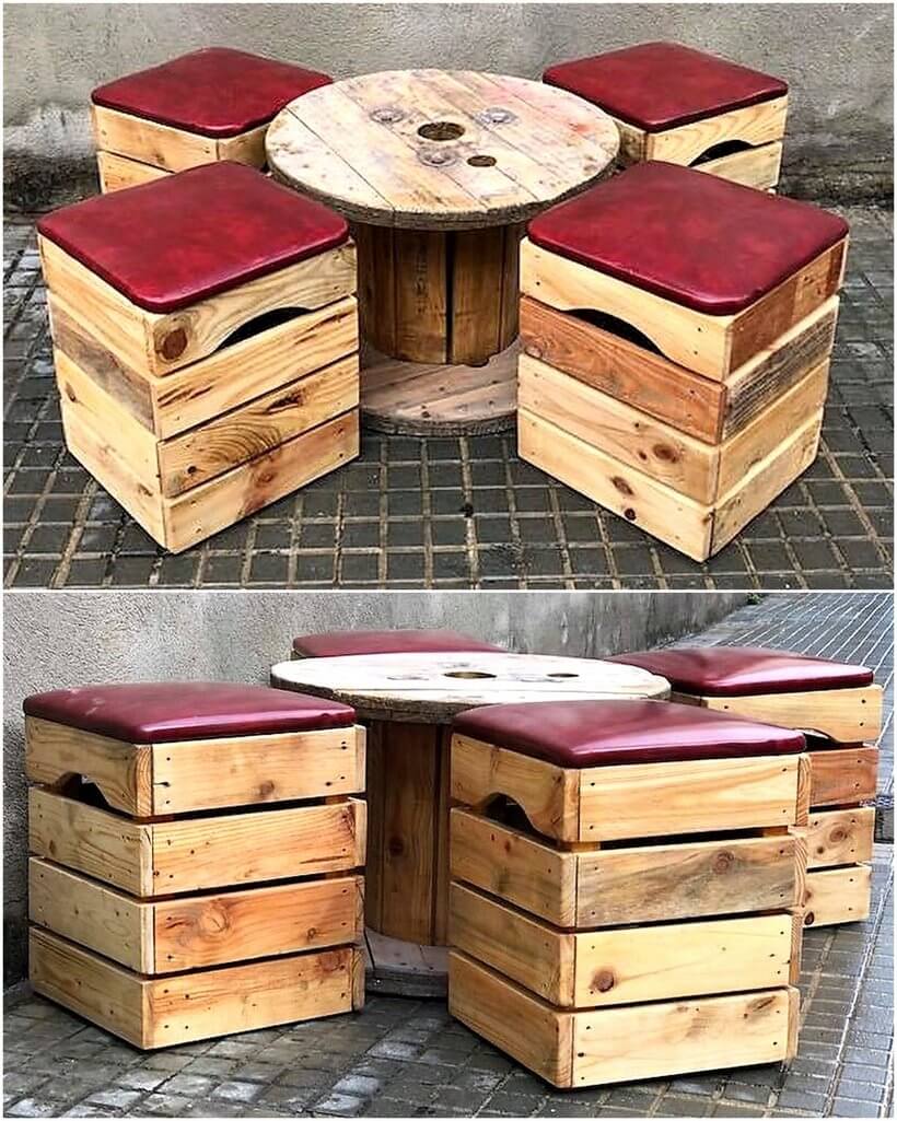 pallet cable reel and fruit crates furniture set