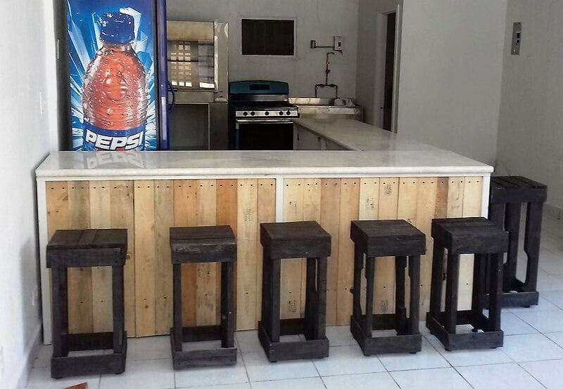 pallet bar wall and stools