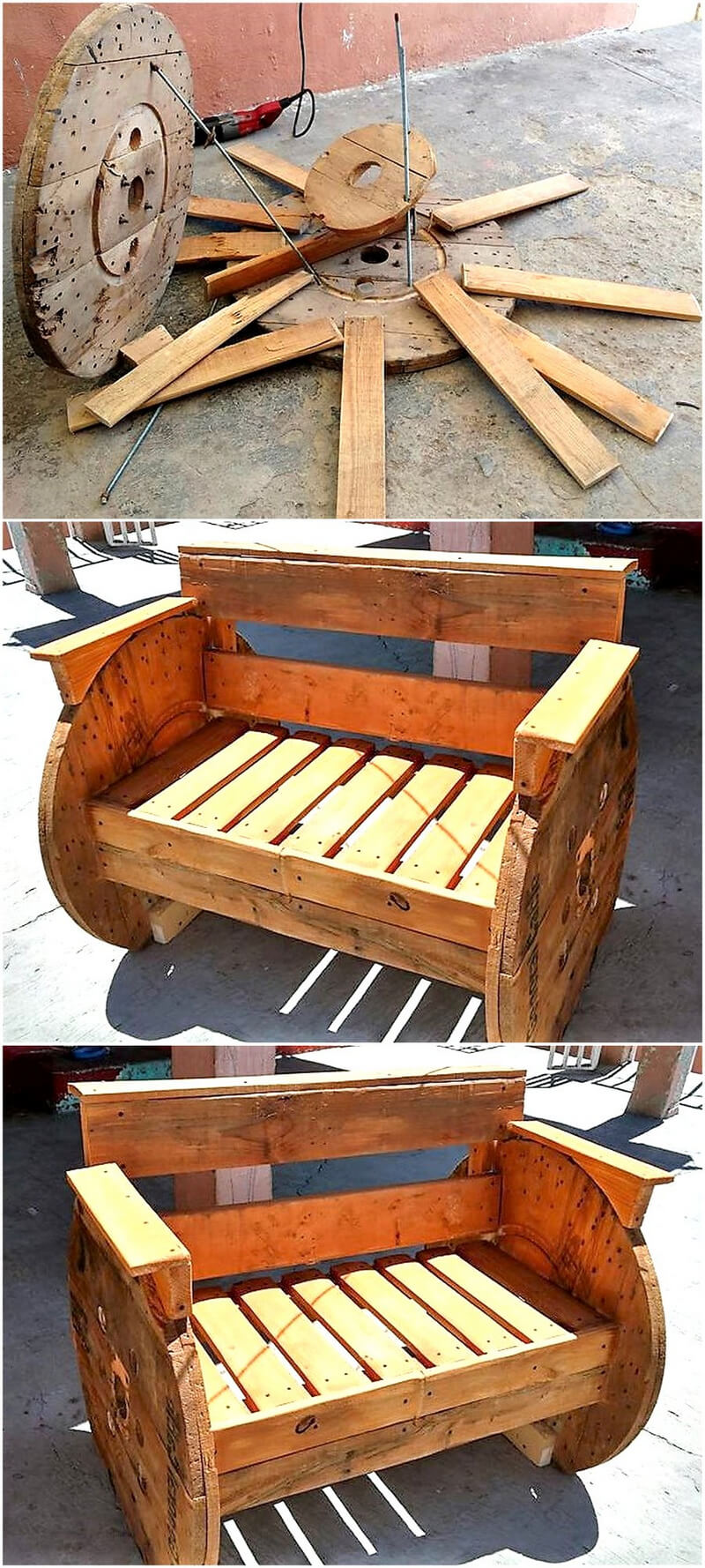 diy pallets cable spool patio bench