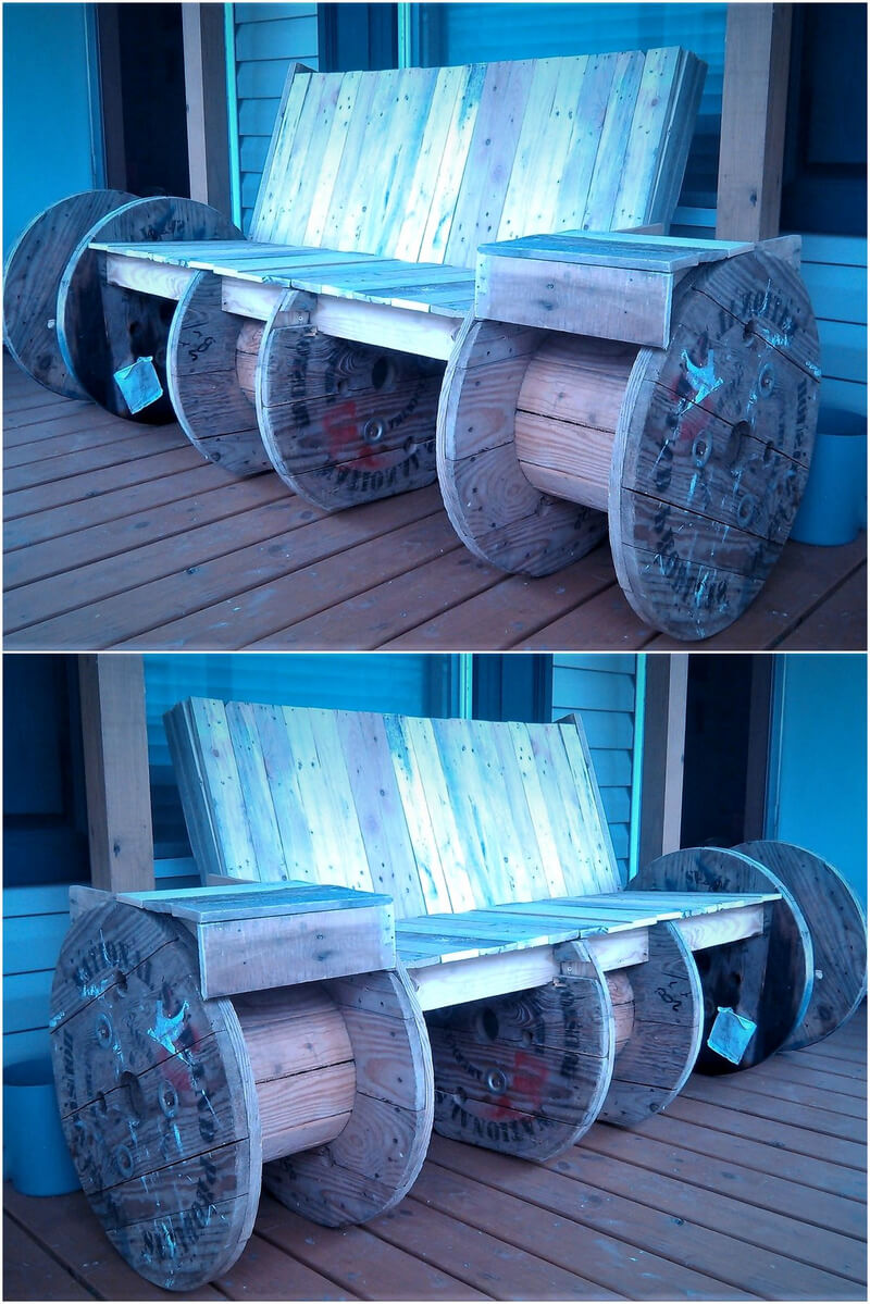 reused pallets and cable reel bench