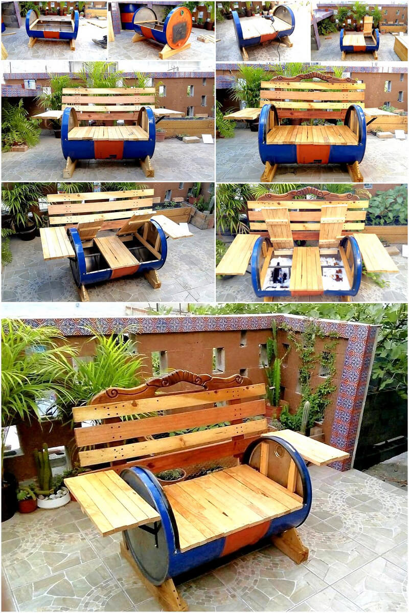 diy reclaimed pallets and metal drum patio bench plan