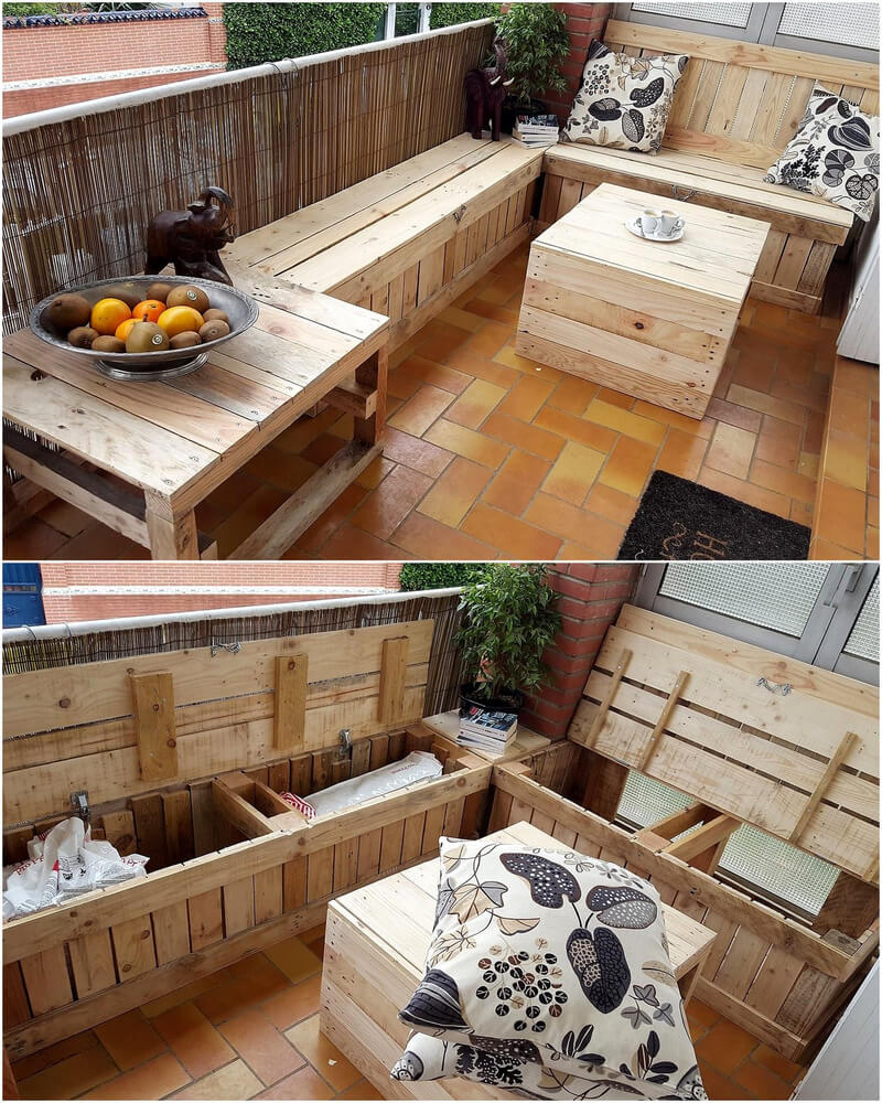wood pallet balcony furniture set with storage