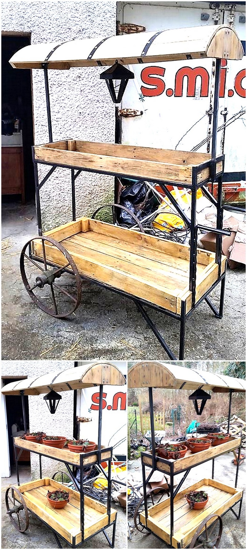 reclaimed pallet patio poting stand art