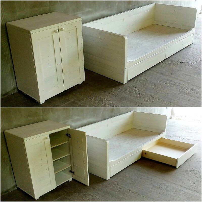 wooden pallet bed with drawers and dresser table